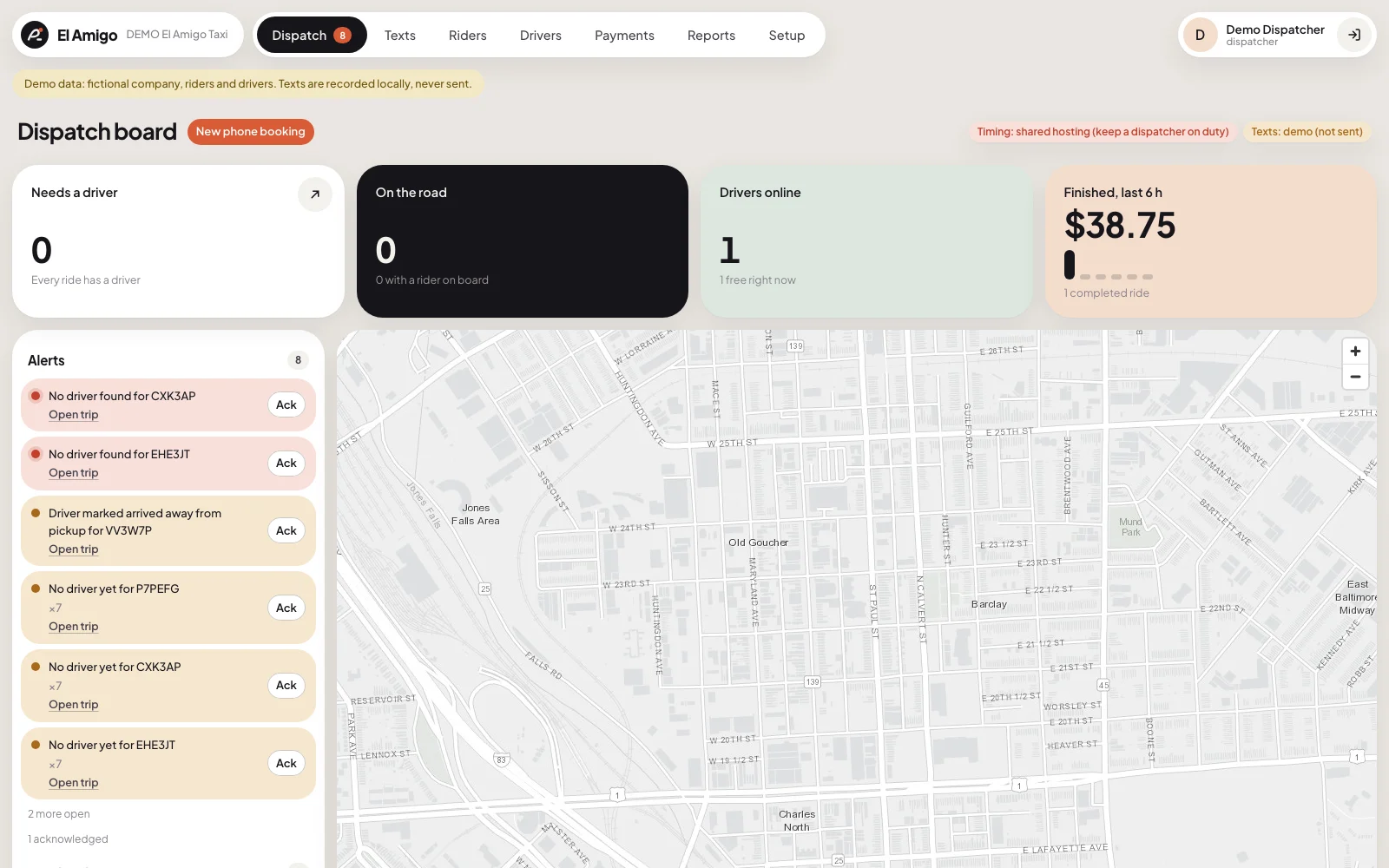 El Amigo dispatch board showing active trips, drivers on a map and open alerts